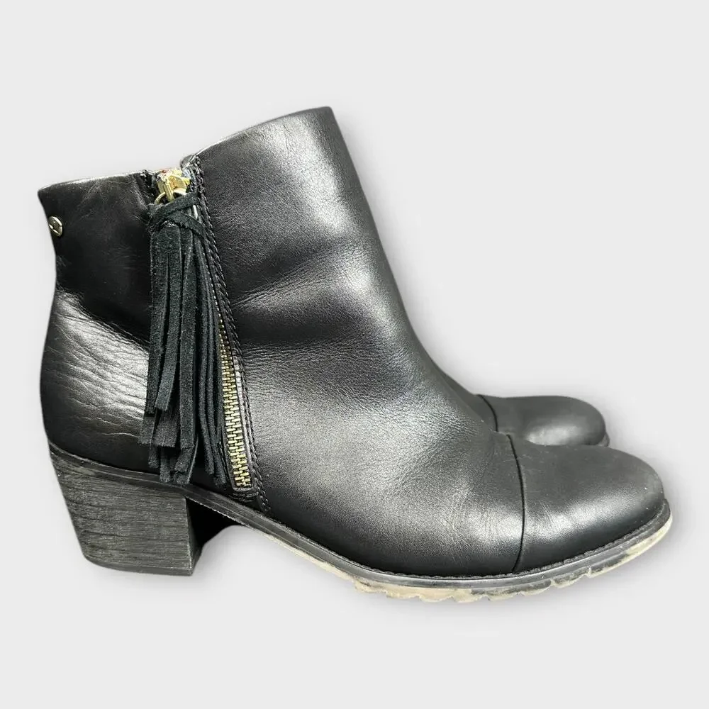 Pikolino Womens size 40 9 9.5 Andorra Black Leather Tassel Ankle Boots Side Zip